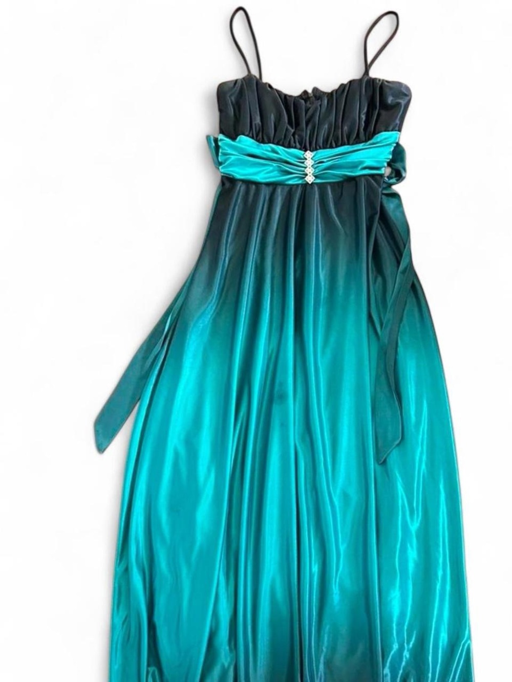 Girls Teal Ombre Spaghetti-Strap Formal Dress with Satin Waist